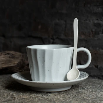 

200ml Ceramic Coarse Pottery Cup with Saucer Spoon Kit Handmade Vintage Cups Coffee Milk Mug Handle Mugs Drinkware Container