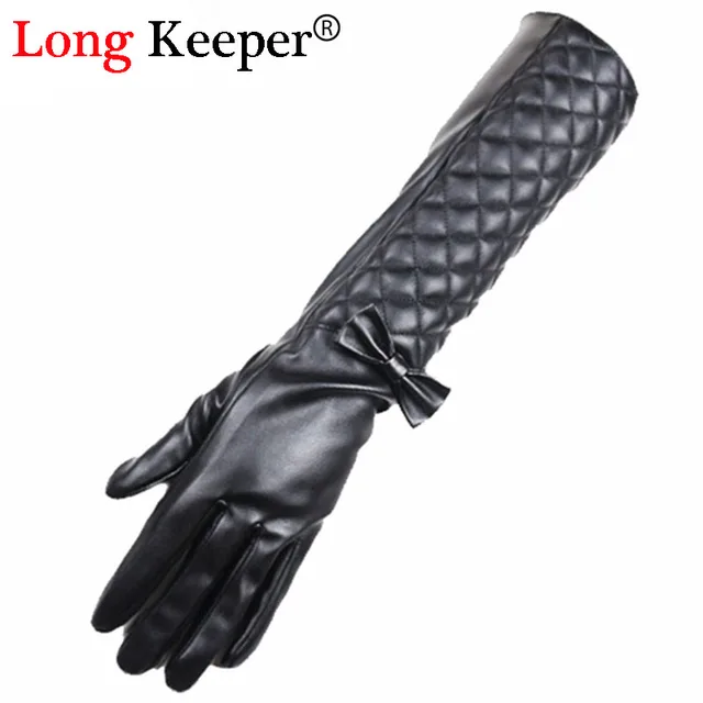 Luxury Sexy Ladies Leather Gloves Full Finger Bowknot Gloves Women Opera Long Sleeves Winter