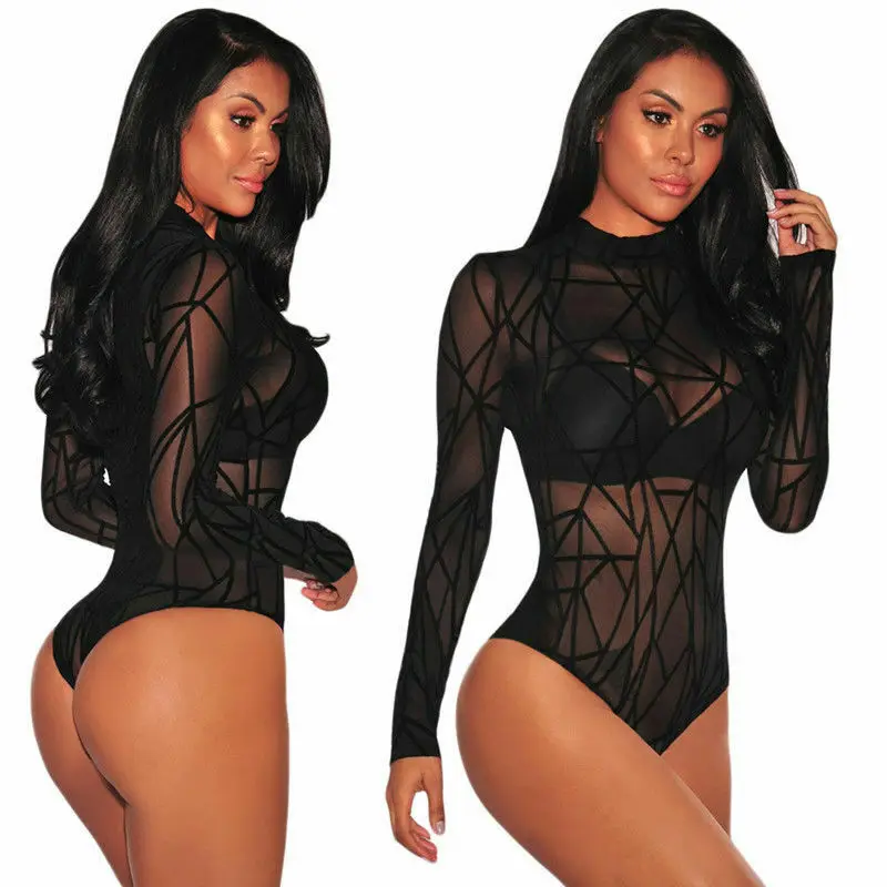  Women Sexy Sheer Mesh Lace Jumpsuit Long Sleeve Top Turtleneck Bodysuit USA