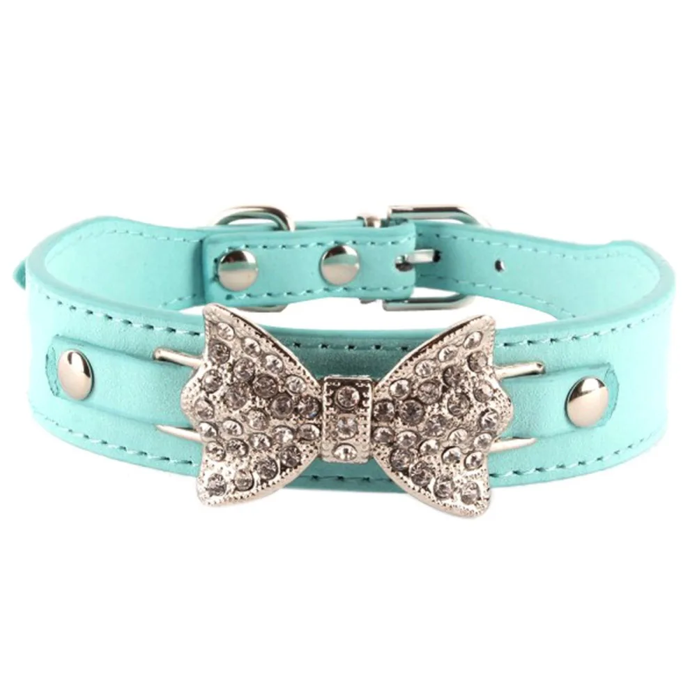 

Hot Bling Diamond Crystal Dog Collar Bowknot PU Leather Pet Adjustable Collar Puppy Cat Choker AB