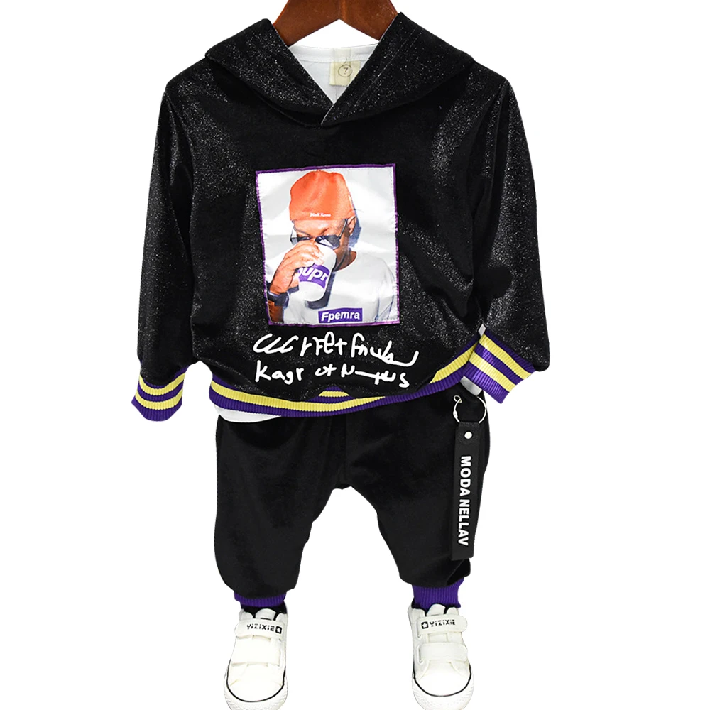 

Autumn Spring baby glitter letter striped hooded sweatshirt + tape pants boys 2 pcs set kids suit children clothes 2 to 7 yrs
