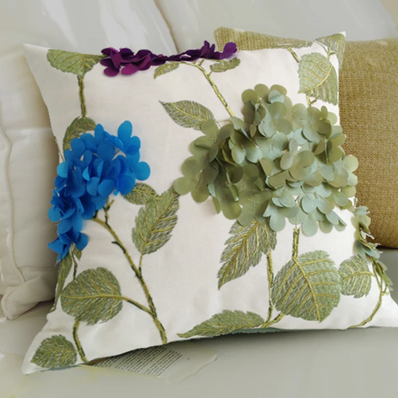 

Cilected Blue Purple Hydrangea Cushion Cover Green Embroidery Leaves Spring Series Square Polyester Wedding Pillow Case 45*45cm