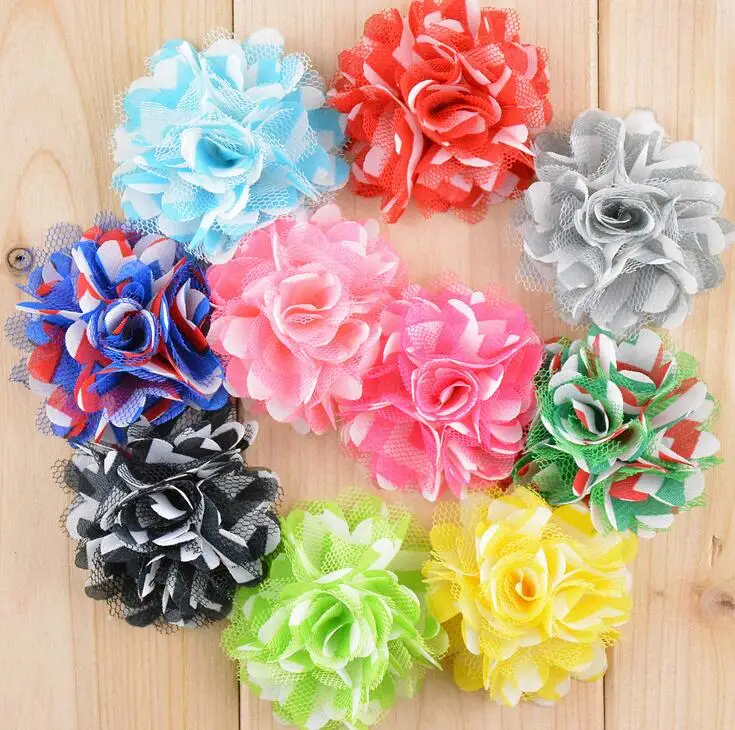 

30pcs/lot 2" 10colors Vintage Artificial Chic Fabric Flowers For Baby Headbands Mini Handmade Girls Striped Hair Mesh Flowers