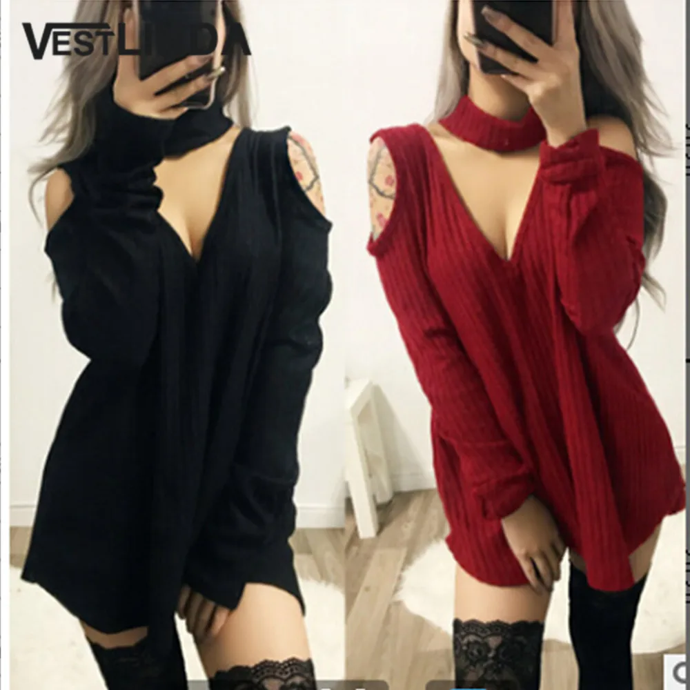 

VESTLINDA Sweaters Fashion 2018 Women Cold Shoulder Long Sleeve Knitted Top With Choker Winter Clothes Jumper Pullover Femme