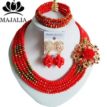 Модные туфли в Африканском нигерийском стиле на свадьбу бусины комплект ювелирных изделий с красными кристаллами колье, свадебные украшения комплекты GG-555