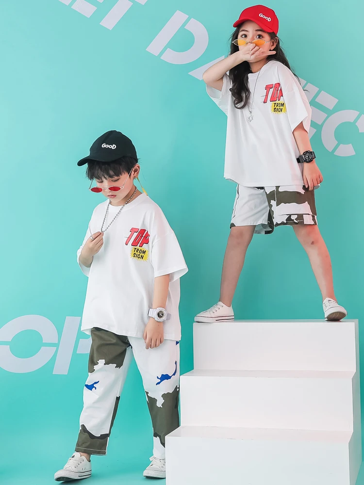 Детская белая футболка Топы камуфляжные брюки тренировочные брюки Одежда в стиле хип-хоп костюм для девочек и мальчиков для джазовых