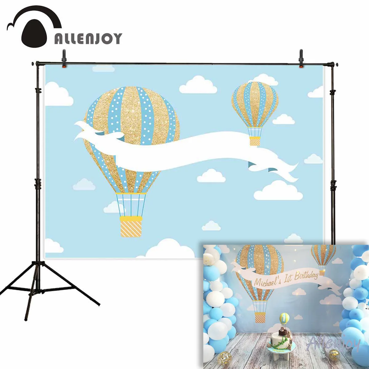 

Allenjoy backgrounds for photography studio Blue sky white clouds gold blue stripe hot air balloon backdrop customize photocall