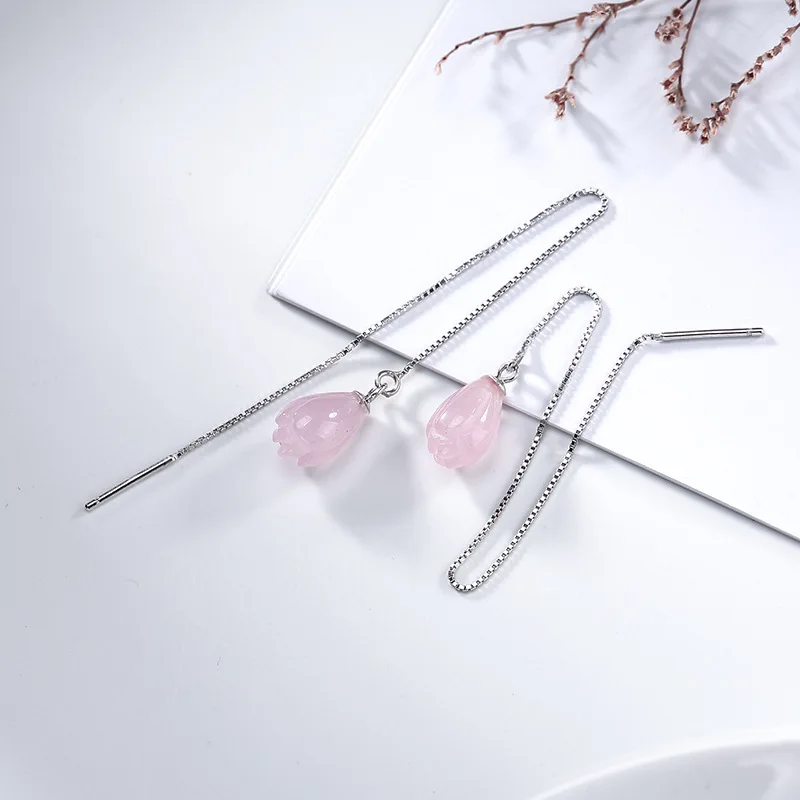 Серьги-капли из стерлингового серебра 925 пробы с розовыми кристаллами, ручная работа, модные серьги из натурального розового кварца магнолии для женщин, ювелирные изделия с кристаллами