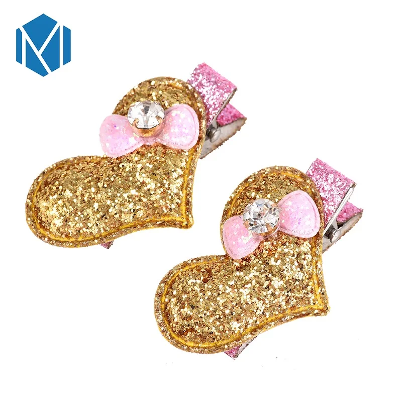 

M MISM 2 PCS Shiny Heart Cute Hairpins With Rhinestone Bowknot Hair Clips For Children Girls Hair Accessories