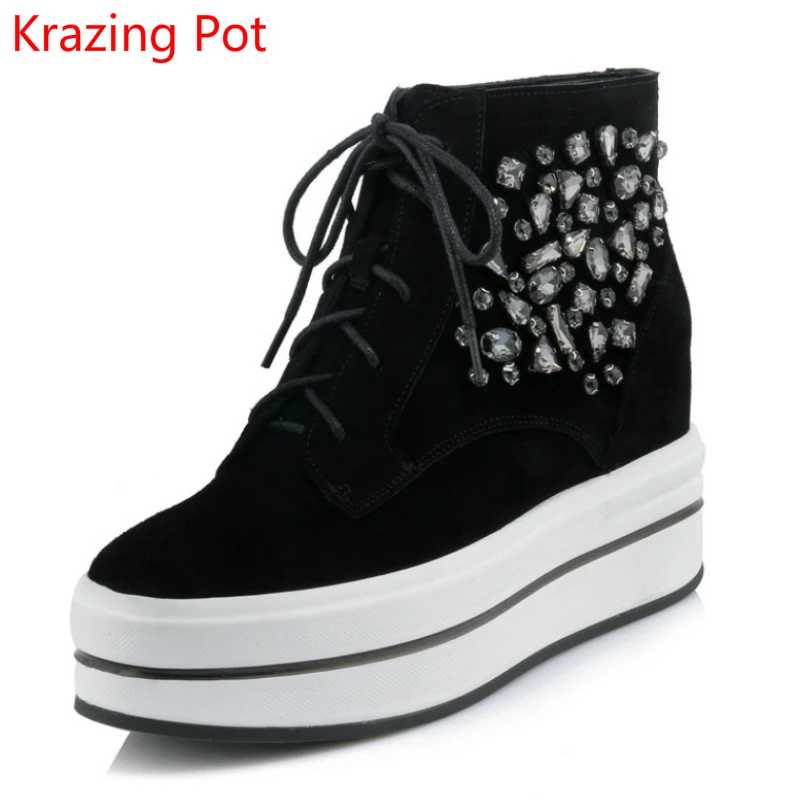 

2018 Superstar Cow Suede Crystal Winter Boots Round Toe Keep Warm Increased Lace Up Platform Wedges Ankle Boots for Women L5f2