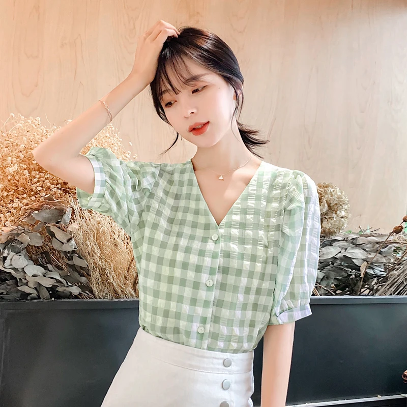 

Summer Korean Style Plain New Girls Plaid Blouse Fashion V-neck Chiffon Top Shirt For Women 2019