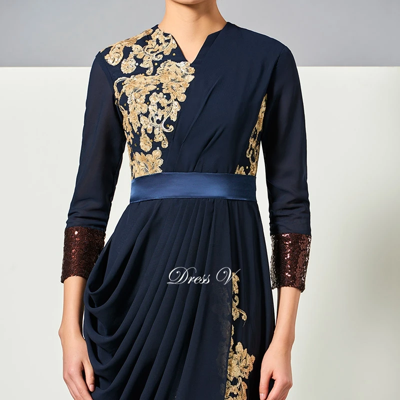 Dressv элегантное мусульманское вечернее платье темно-синего цвета с длинными рукавами, шифоновое исламское платье с аппликацией, вечерние платья в арабском стиле, длинное вечернее платье es