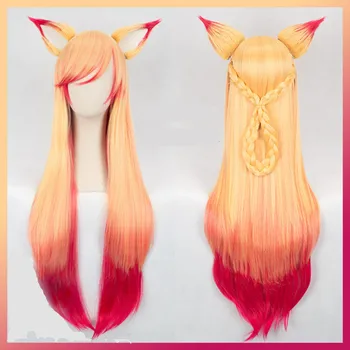 

100cm wig LOL Ahri Gumiho Wig Hair Fox Star Guardian Cosplay Costume Wig + Ear Anime Men Adult Women Hair