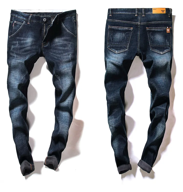 Мужские зимние Стрейчевые плотные джинсы, теплые прямые джинсы с флисовой подкладкой, модная бархатная одежда, мужские джинсовые штаны, Классические мужские брюки