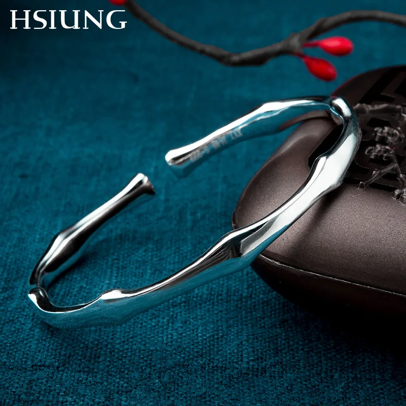 

HSIUNG fine jewelry women S999 pure silver plant-shaped bamboo fashion vingate ethnic silver bracelets