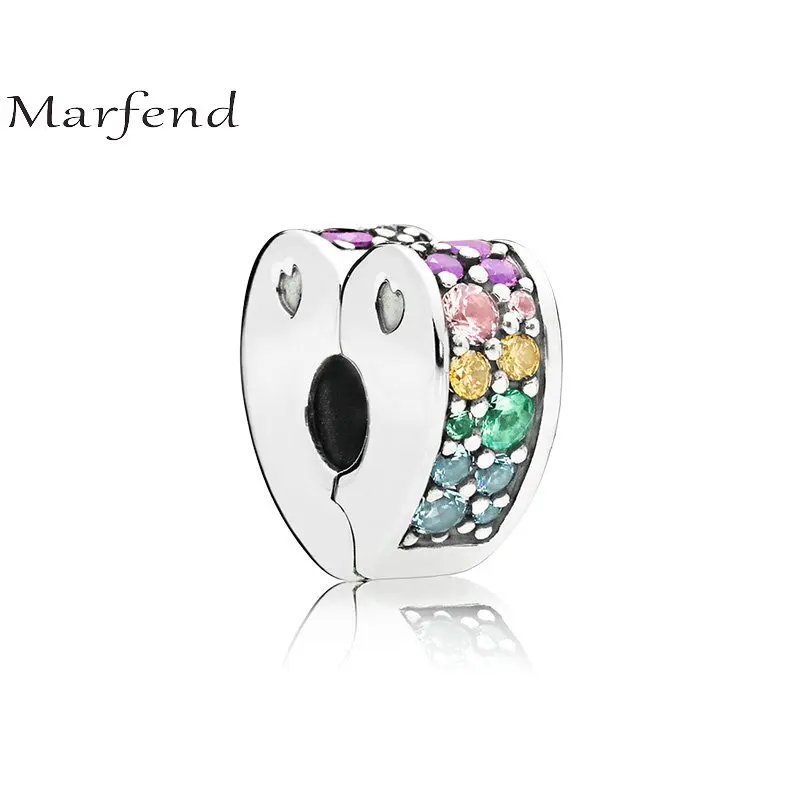 

Marfend 2018 New 925 Sterling Silver Rainbow CZ Heart Clip Charm Beads Fit Original Brand Charms Bracelet Making DIY Jewelry