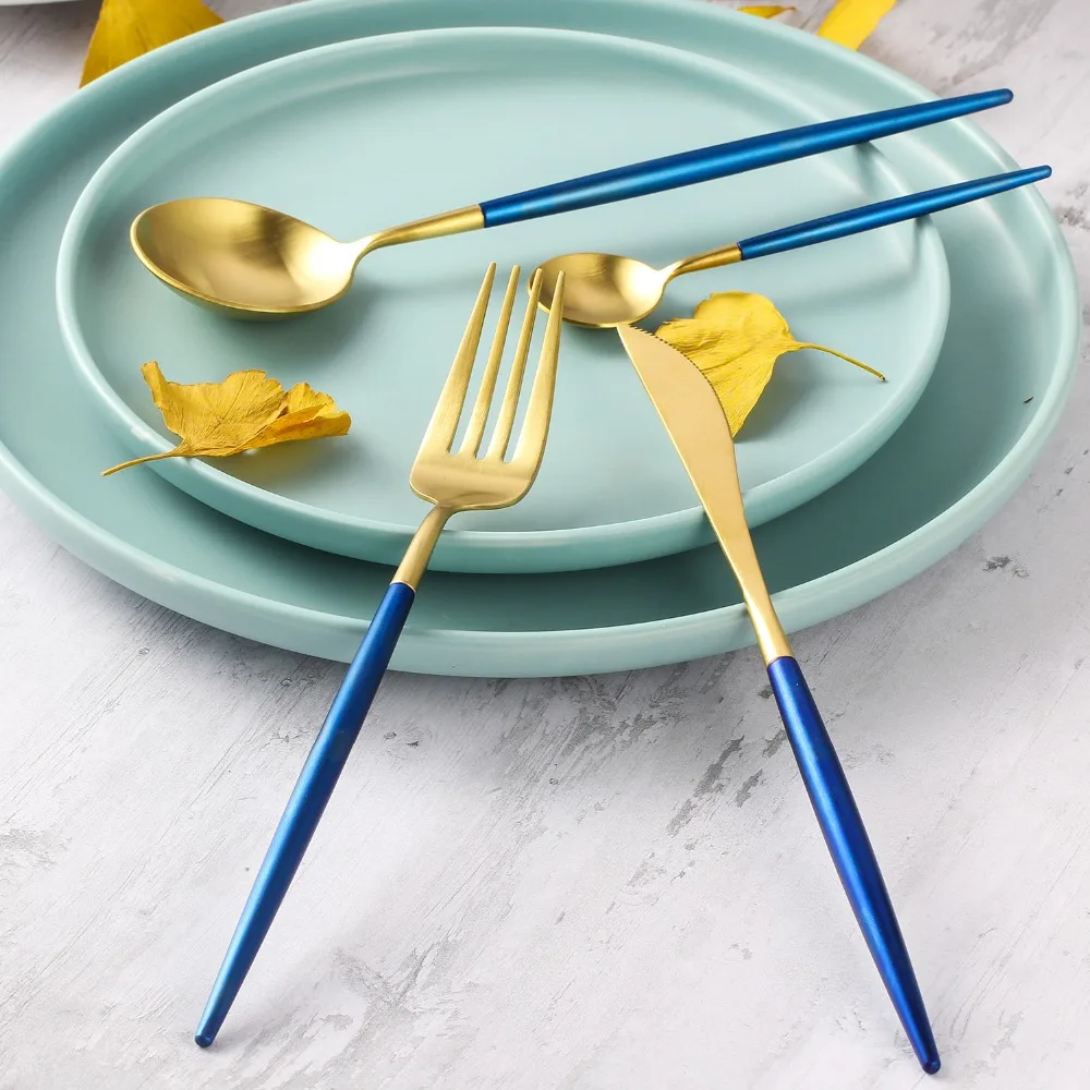

Lekoch 4Pcs/Set Blue Gold Dinner Set Gold Tableware Stainless Steel Dinner Knife Fork Scoop Set Restaurant Travel Dinnerware Set
