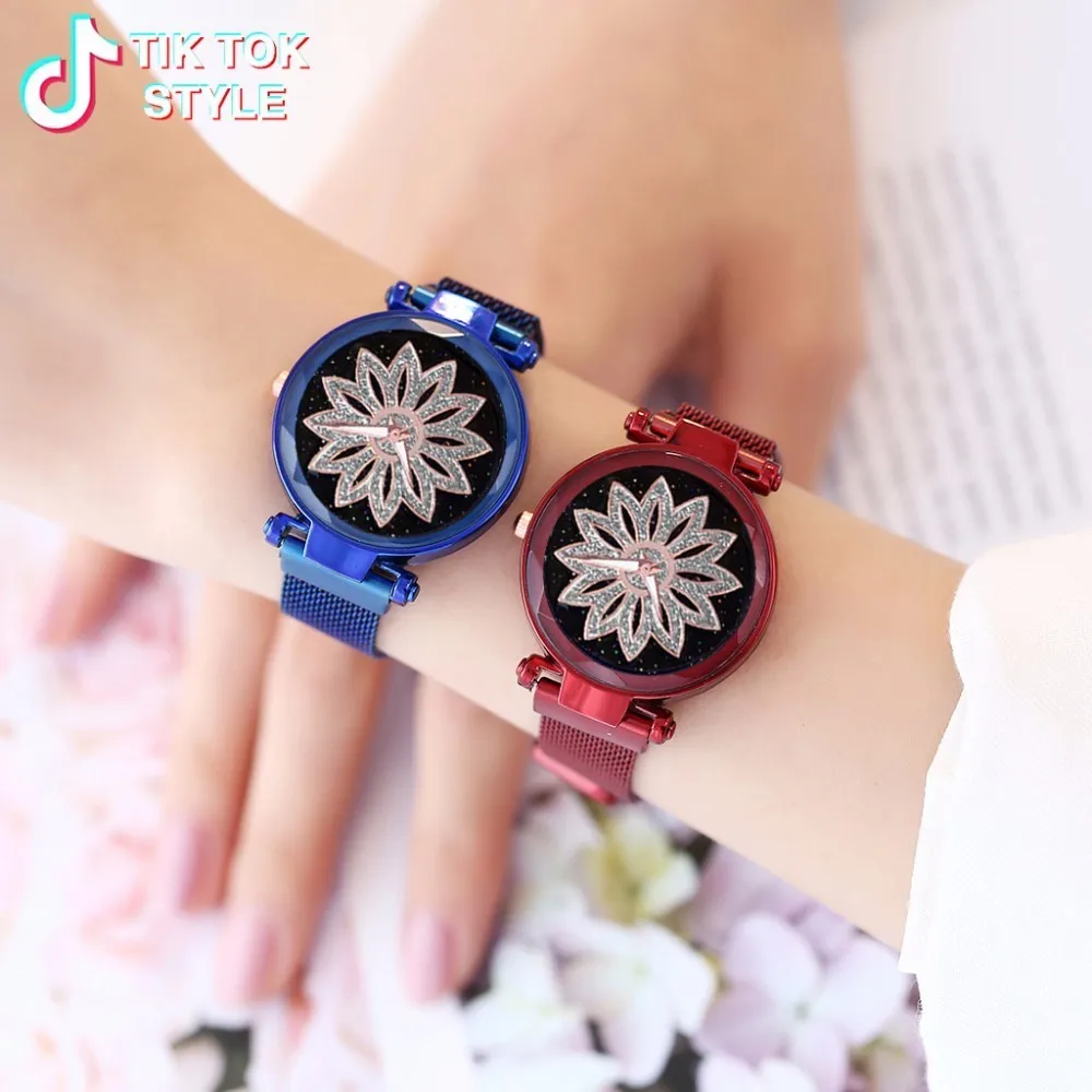 

Vansvar Brand Women Mesh Magnet Watches Lucky Flower Watch Luxury Ladies Geometric Surface Quartz Watch Relogio Feminino