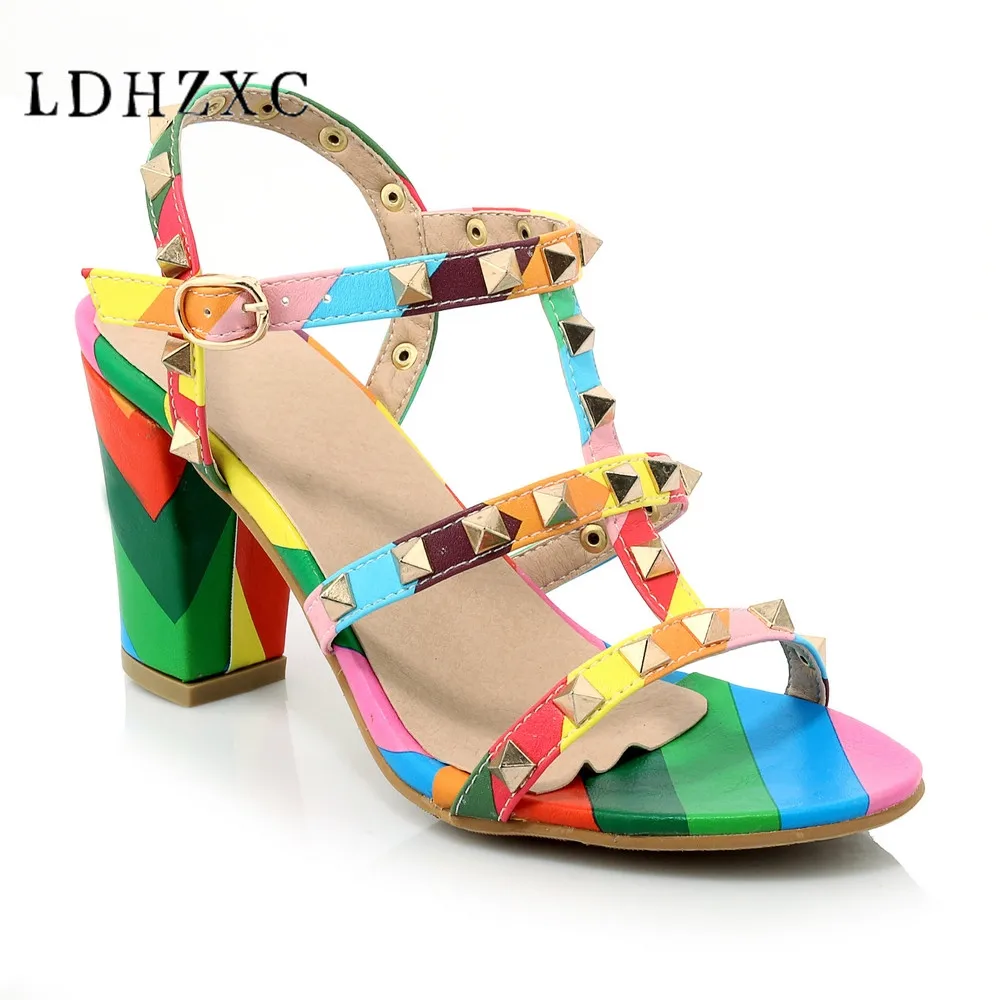 

LDHZXC Summer High Heels Women Sandals Open Toe Rivet Mixed colors Square Heels Ankle Strap Ladies Shoes Big Size 40 41 42 10 12