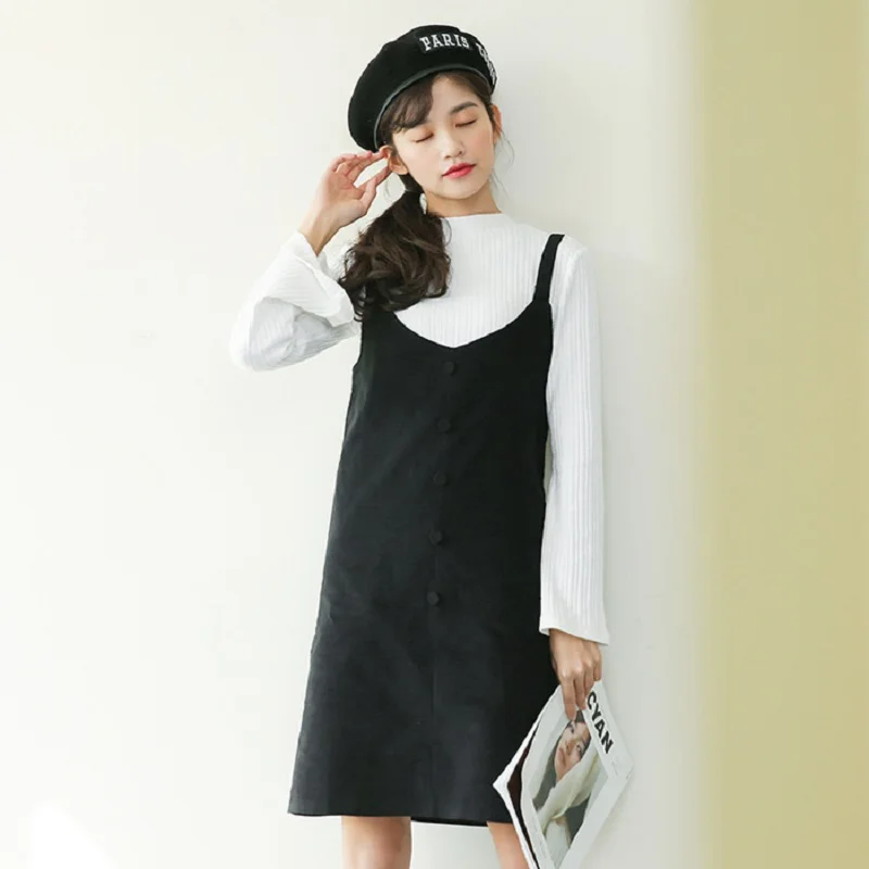 Korea Sweet Spring Autumn Women Sundress V Neck Suspenders Elegant All-Match Tank Dress Black Vintage Preppy Girl Corduroy Dress