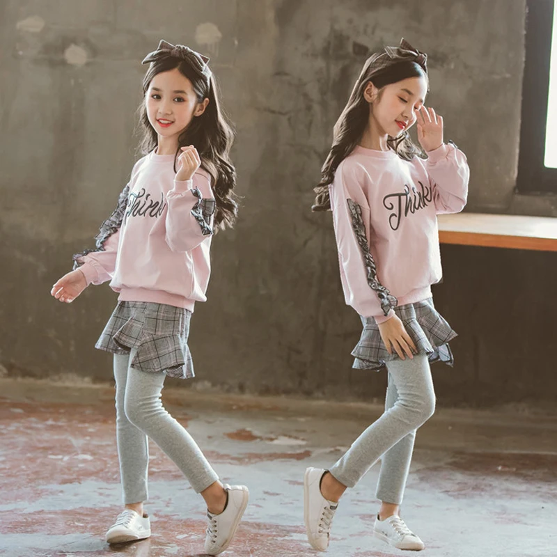 

New Fashion 2 Pieces Suit Autumn Spring Girl's Clothing Sets Children's Wear Long Sleeve Pink Sweater and Culotte