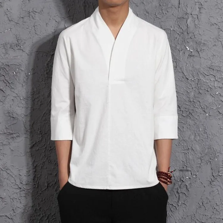 Летнее кимоно из хлопка и льна, Мужская футболка в китайском стиле, Ретро стиль, v-образный вырез, льняная футболка, тонкая Винтажная футболка, японский стиль, мужская рубашка - Цвет: Белый