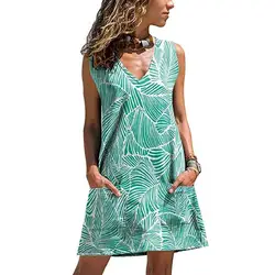 Женское платье с карманом пляжное Бохо летнее Повседневное платье с v-образным вырезом с принтом листьев платья для женщин женская модная