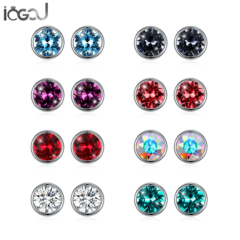IOGOU Стерлинговое Серебро 925 пробы синий/фиолетовый/красный/розовый/черный/серебро/белый/зеленый кристалл от Swarovski серьги гвоздики партии