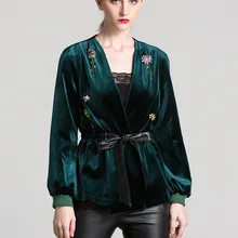 Стильный Кристалл Бисероплетение женщин с длинным рукавом v-образным вырезом бархатная куртка элегантное приталенное бархатное пальто