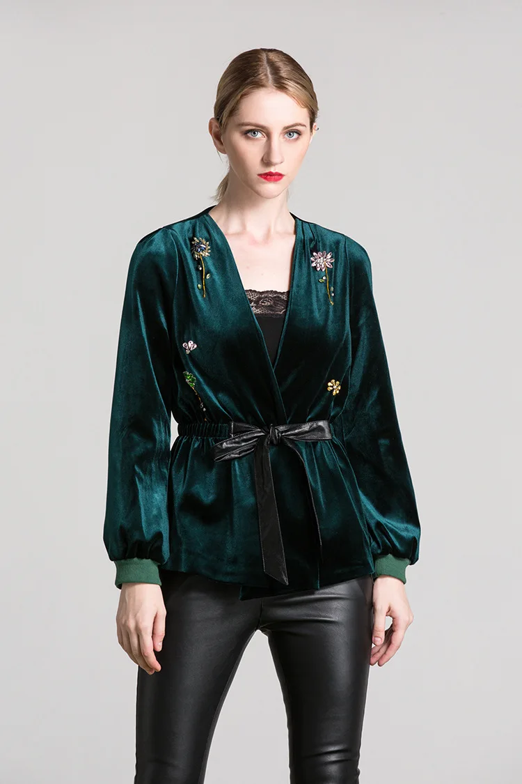 Stylish Crystal Beading Women Long Sleeve V neck Velvet Jacket Elegant