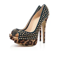 Frauen Sommer Stil Schuhe Sandalen 2015 Nieten Alias Leopard Pumpe Offene spitze Coverd Seite Hohen Dünnen Fersen Günstige Modest Plus größe