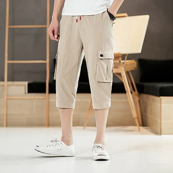 

Mens Military Cargo Shorts Summer army green Cotton hemp Shorts men Loose Multi-Pocket Shorts Homme Casual Bermuda Trousers S