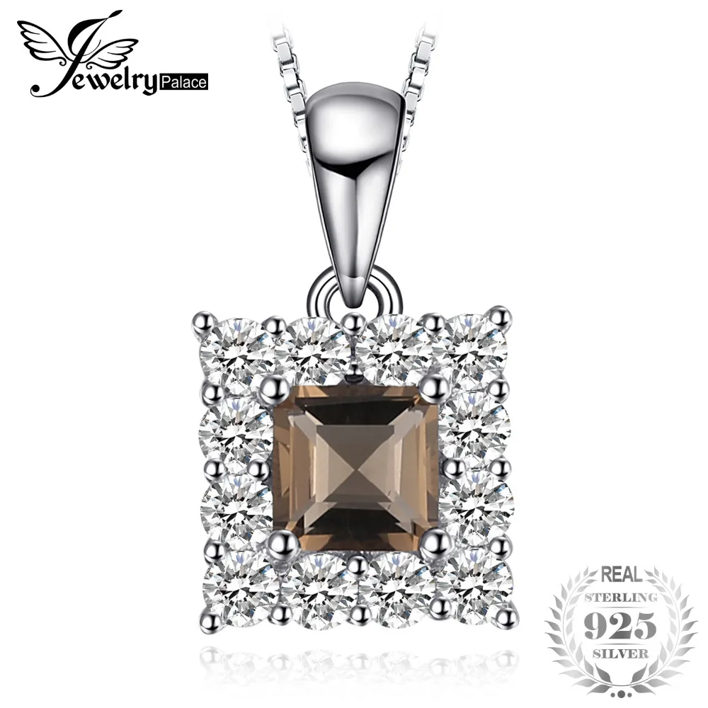 

JewelryPalace Succinct 0.6ct Square Cut Genuine Smoky Quartz Halo Pendant Necklace 926 Sterling Silver Gift New Without Chain