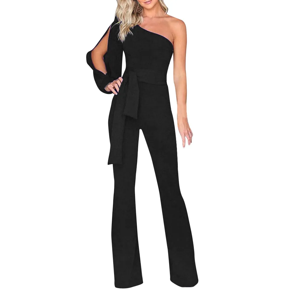 Women Solid Long Sleeve Cold Shoulder Jumpsuit Casual Clubwear Wide Leg Pants Jumpsuit long pants overalls for women L30627