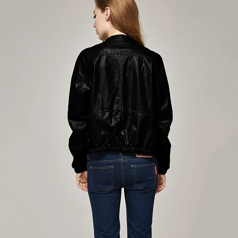 discount ESCALIEA Women's Slim Washed PU Leather Jacket Fashion O-Neck Zipper Bright Colors Coats New Ladies