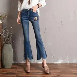 Несимметричные заплатки по подолу джинсовые штаны Большие размеры средняя талия джинсы-клеш Женские до щиколотки расклешенные джинсы