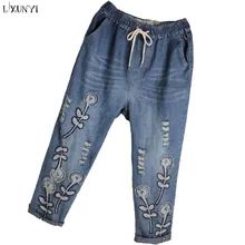 LXUNYI летние джинсы с вышивкой в винтажном стиле с эластичной резинкой на талии свободные Капри женские брюки с высокой талией Плюс Размер отверстие Haren