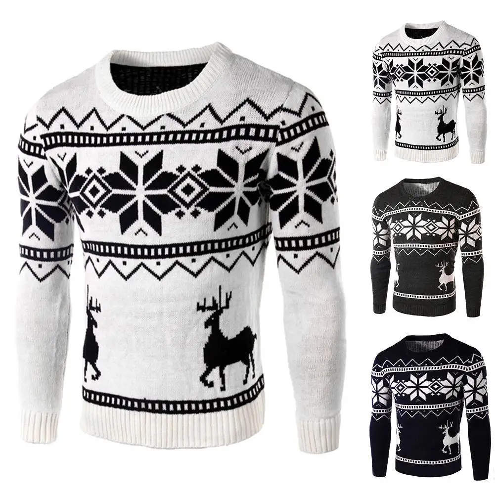 

Winter Men Christmas Deer Snowflake Print Long Sleeve Sweater Slim Fit Jumper