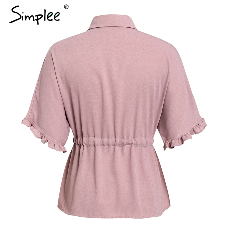 Женская блузка Simplee с рюшами, женская повседневная свободная рубашка с отложным воротником, красного цвета с коротким рукавом и поясом, деловые однотонные топы, блузки