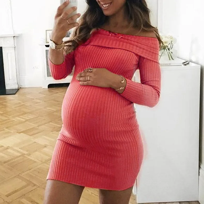 Ropa mamá vestido Sexy de maternidad Otoño Invierno ropa de embarazo para mujeres sin hombros tamaño libre manualidades elásticas|Vestidos| -