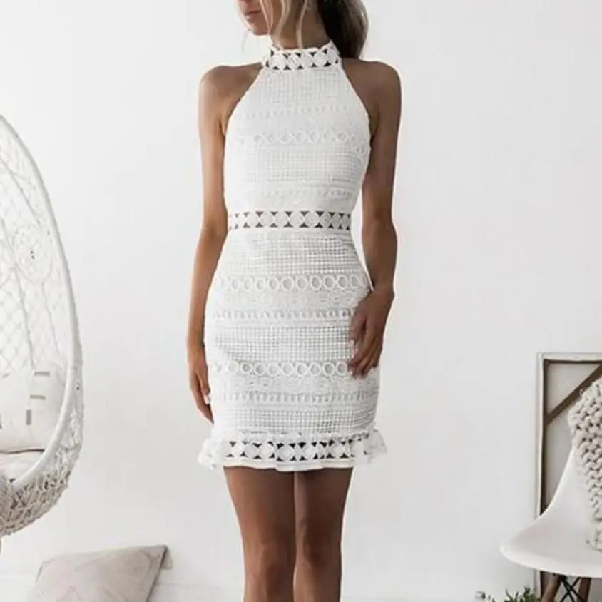 

Women White Lace Dress Summer Sleeveless Bodycon Dresses Stand Neck Hallow Out Sexy Short Mini Dress #VE