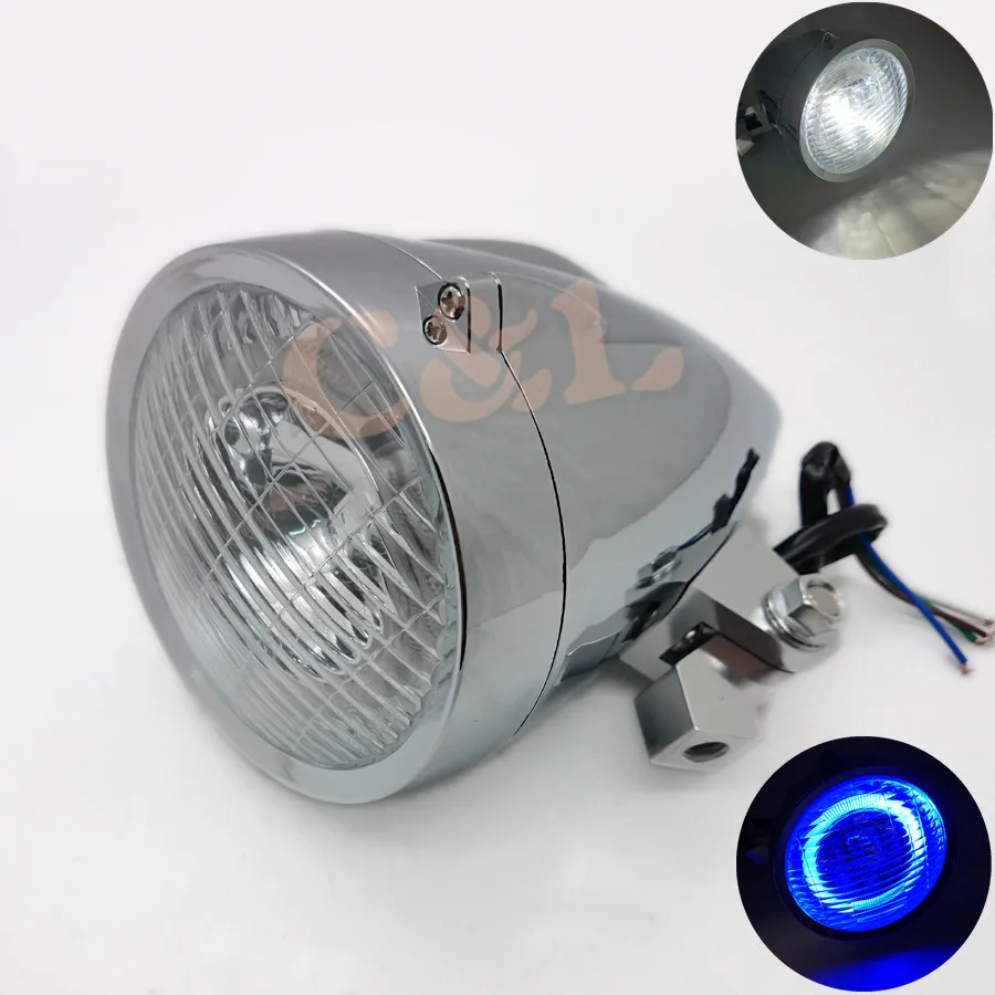 Motorcycle Chrome LED Bullet Headlight With Blue Angel Eyes Light For