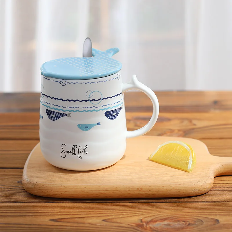 Literary fresh fish ceramic cup with lid spoon cute simple mug (2)