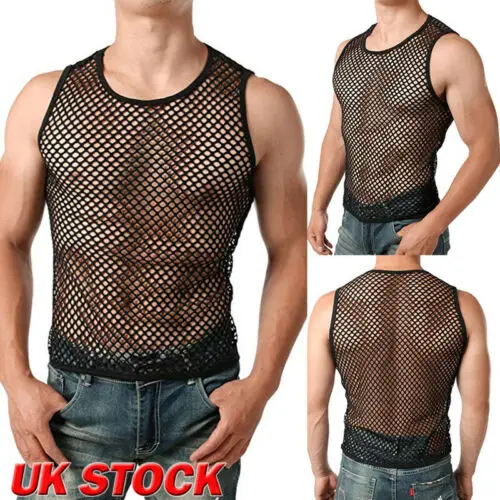 Men Mesh T-Shirt Fishnet Tee Muscle Vest Tank Top Blouse See Through Clubwear