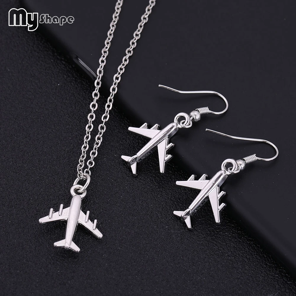 

Myshape Airplane Jewelry Set Pendant Necklace Exaggeration Earrings Trendy Set Silver Party Gift for Flight Attendant Women 2019