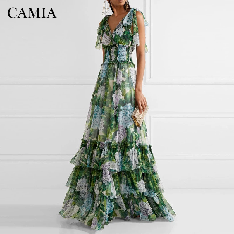

CAMIA Summer Green Layered Floral Print Dress V-neck Elastic with Lace Short Sleeve Slim Waist Bow Large Hem Long Dress