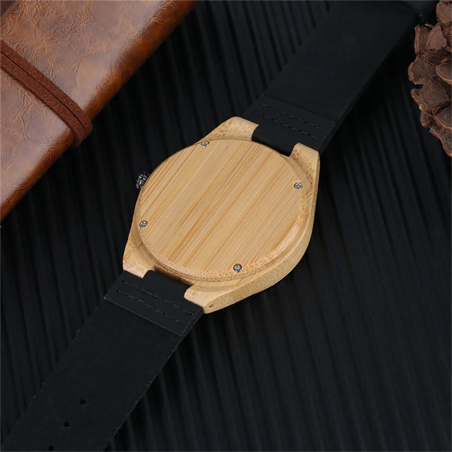 Casual Modern Black World Map Handmade Carving Brown Men Bamboo Quartz Watch Genuine Leather Watch Band Creative Sport Gift (7)