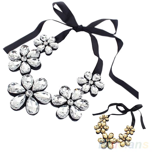 

New Fashion Exquisite Flower Ribbon Gem Petals Charming Bib Collar Necklace Jewelry Items 1NOZ 6O5J