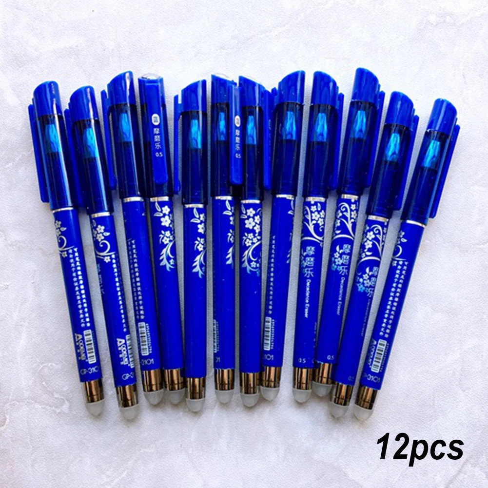 

12pcs/box School Office 0.5mm Tip Gel Pen Black Blue Refill Stationery Erasable Students Business Smooth Writing