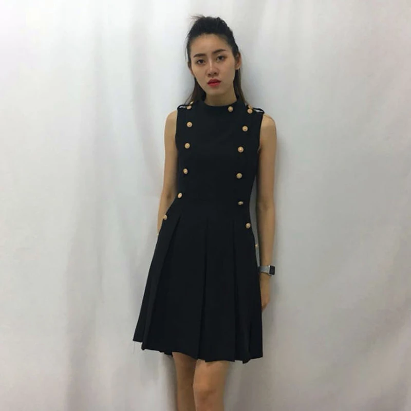 

2018 Spring Summer British Style Double Breasted Buttons Dress Women Sleeveless Pleated Mini Dresses Stand Collar Vestido JC2311